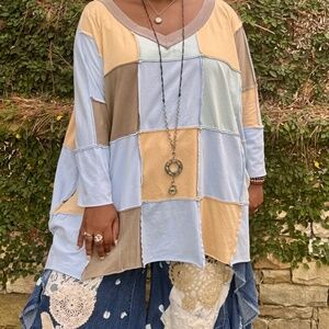 Blue oversized patchwork long sleeves tunic top